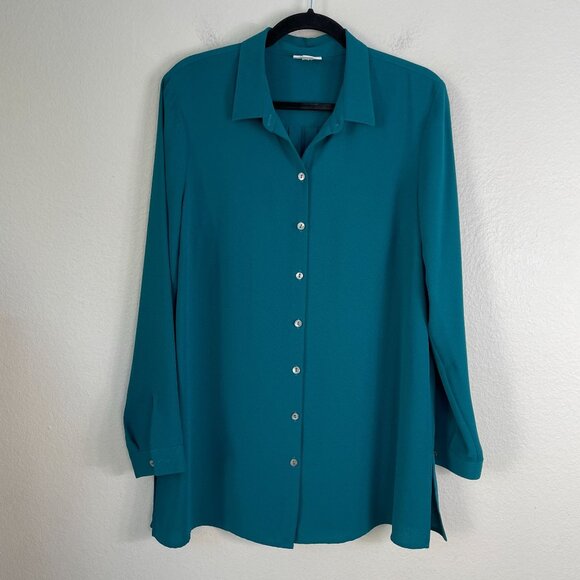 J Jill Womens Medium Teal Button Up Blouse Pleated Back Detail Long Sleeve Shirt - Picture 1 of 9